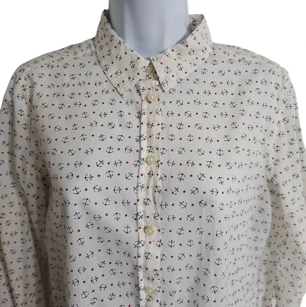 United Colors of Benetton Women’s S Button Up Ivory Anchor Print Shirt Coastal - Picture 3 of 8